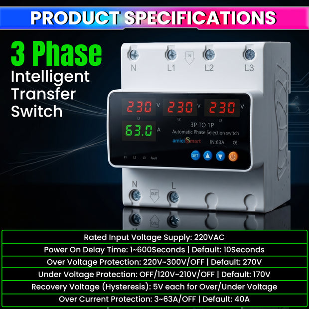 Intelligent 3 Phase to 1 Phase Changeover Switch, 230VAC Control Transfer Switch