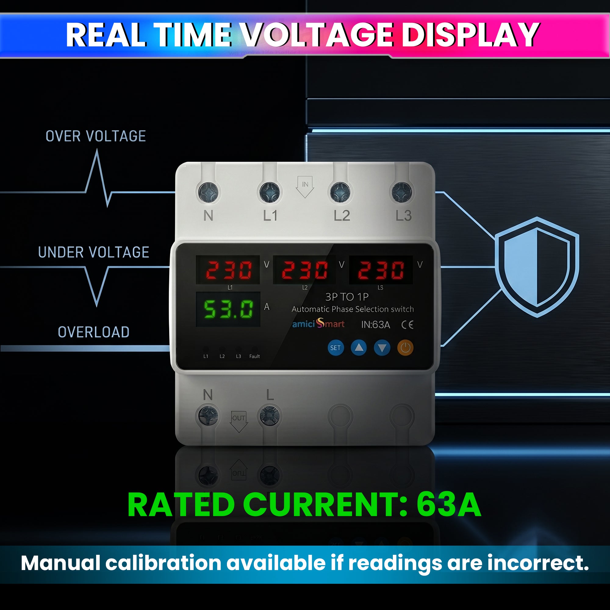 Intelligent 3 Phase to 1 Phase Changeover Switch, 230VAC Control Transfer Switch