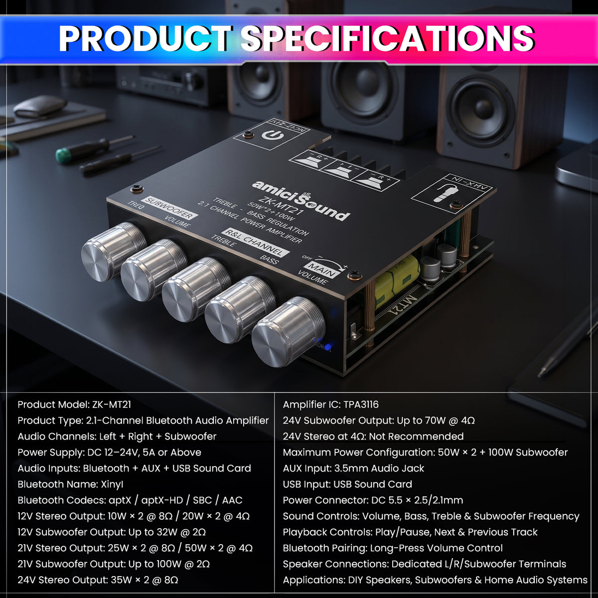 Q100H 2.1 Channel Bluetooth Audio Amplifier Board TPA3116 200W | TPA3116 | 50W×2 Stereo + 100W Subwoofer