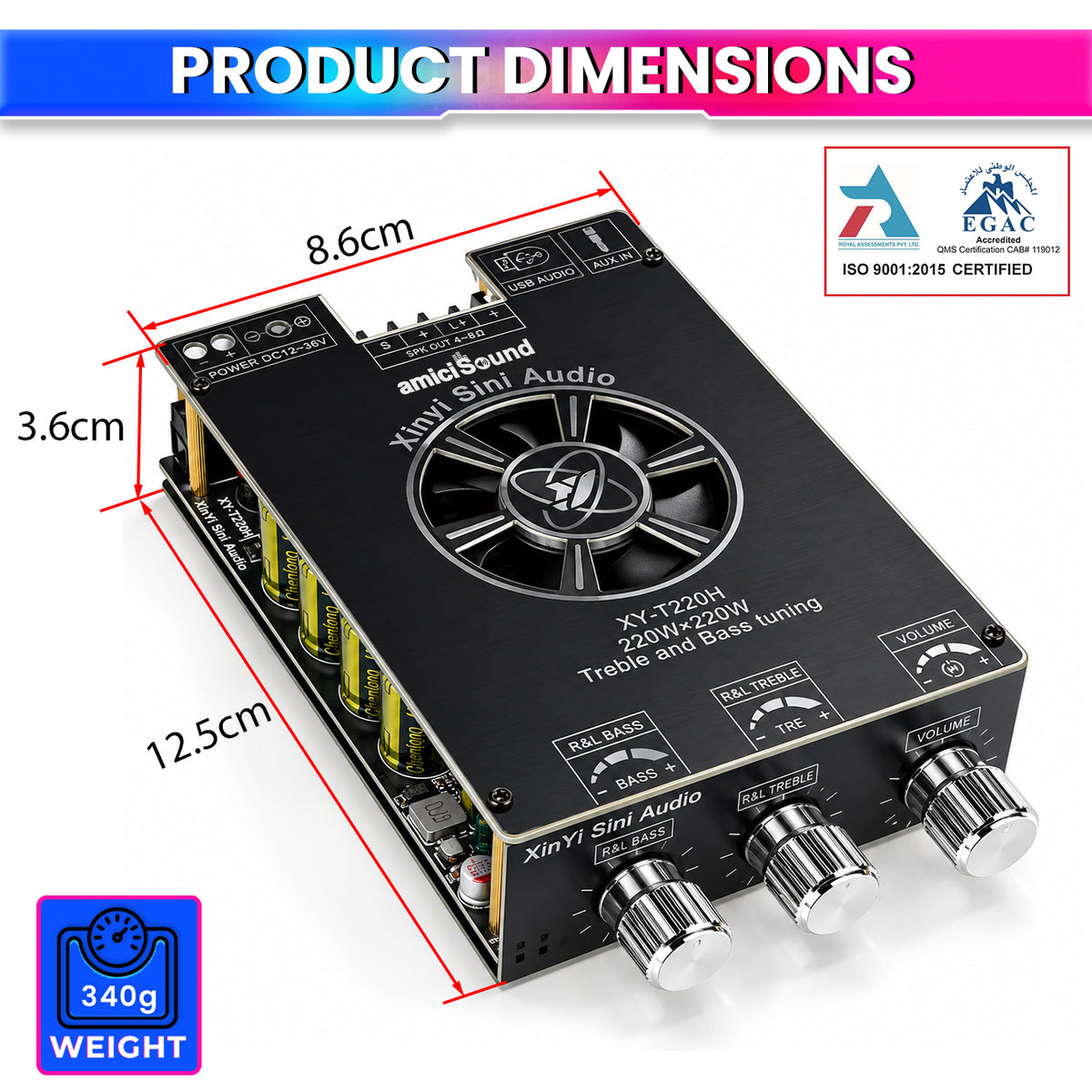 XY-T220H 220W×2 Bluetooth 5.2 Class-D Amplifier Board TPA3251
