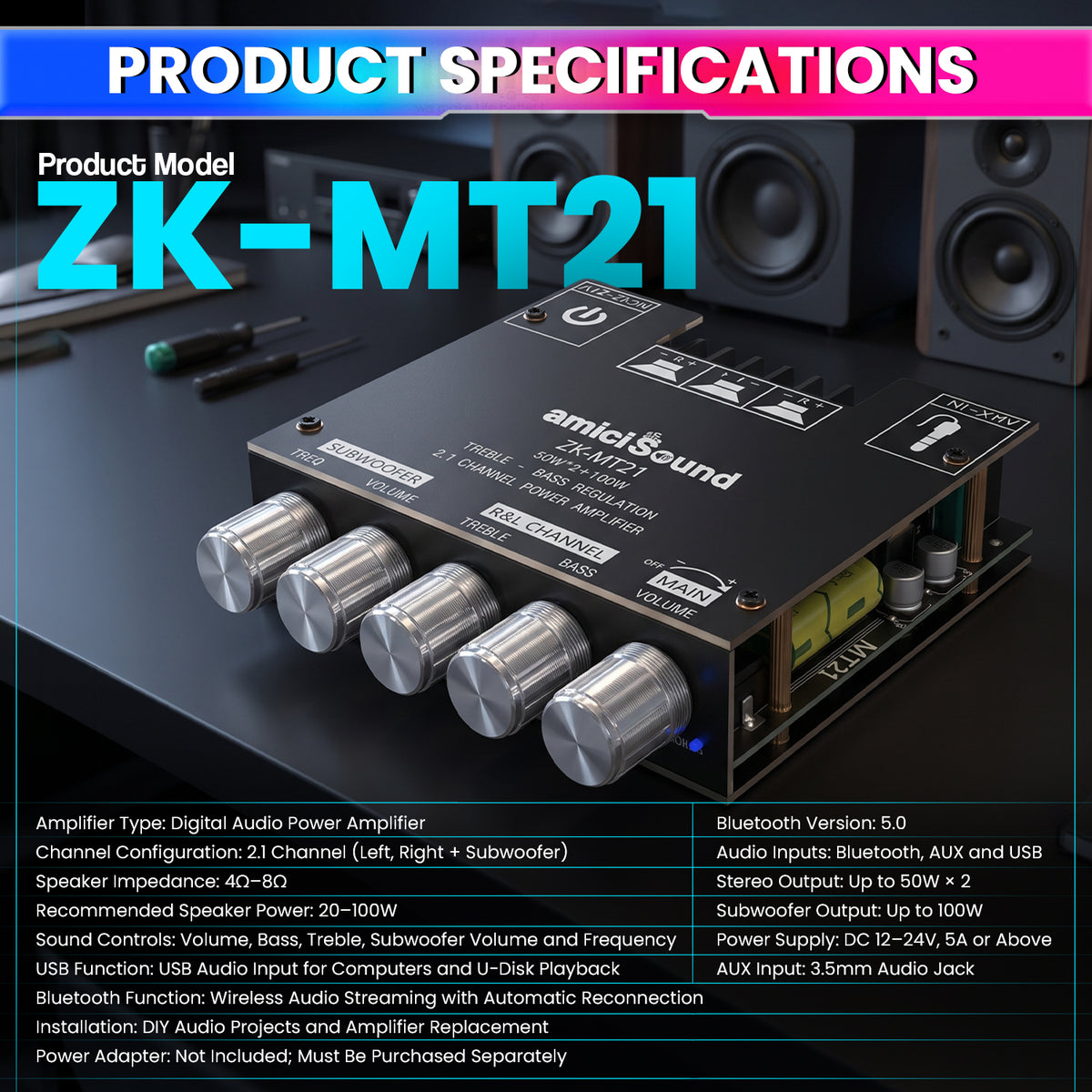 ZK-MT21 2.1 Channel Bluetooth 5.0 Audio Amplifier Board 50W x 2 + 100W