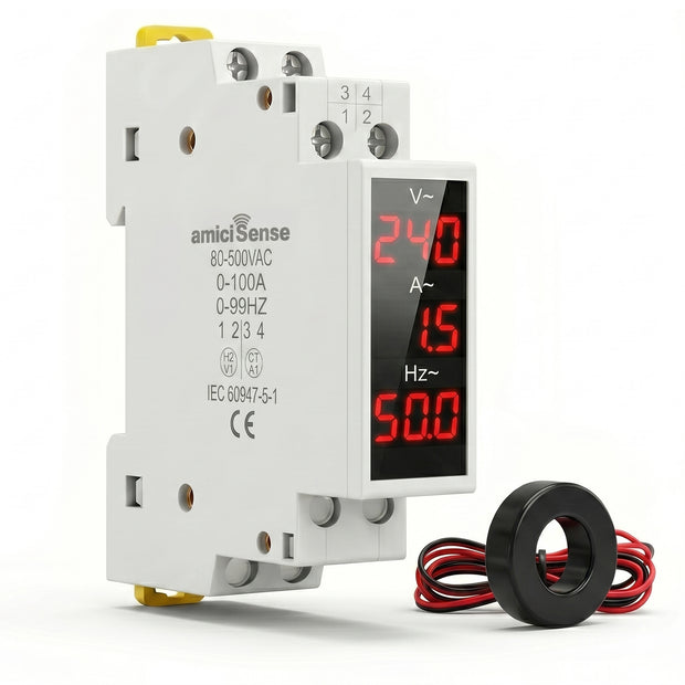 3-in-1 Voltage, Current & Frequency Meter 80- 500V AC, 100A with External CT & Clear LED Display