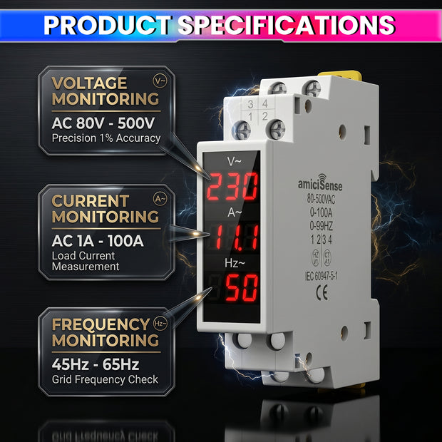 3-in-1 Voltage, Current & Frequency Meter 80- 500V AC, 100A with External CT & Clear LED Display