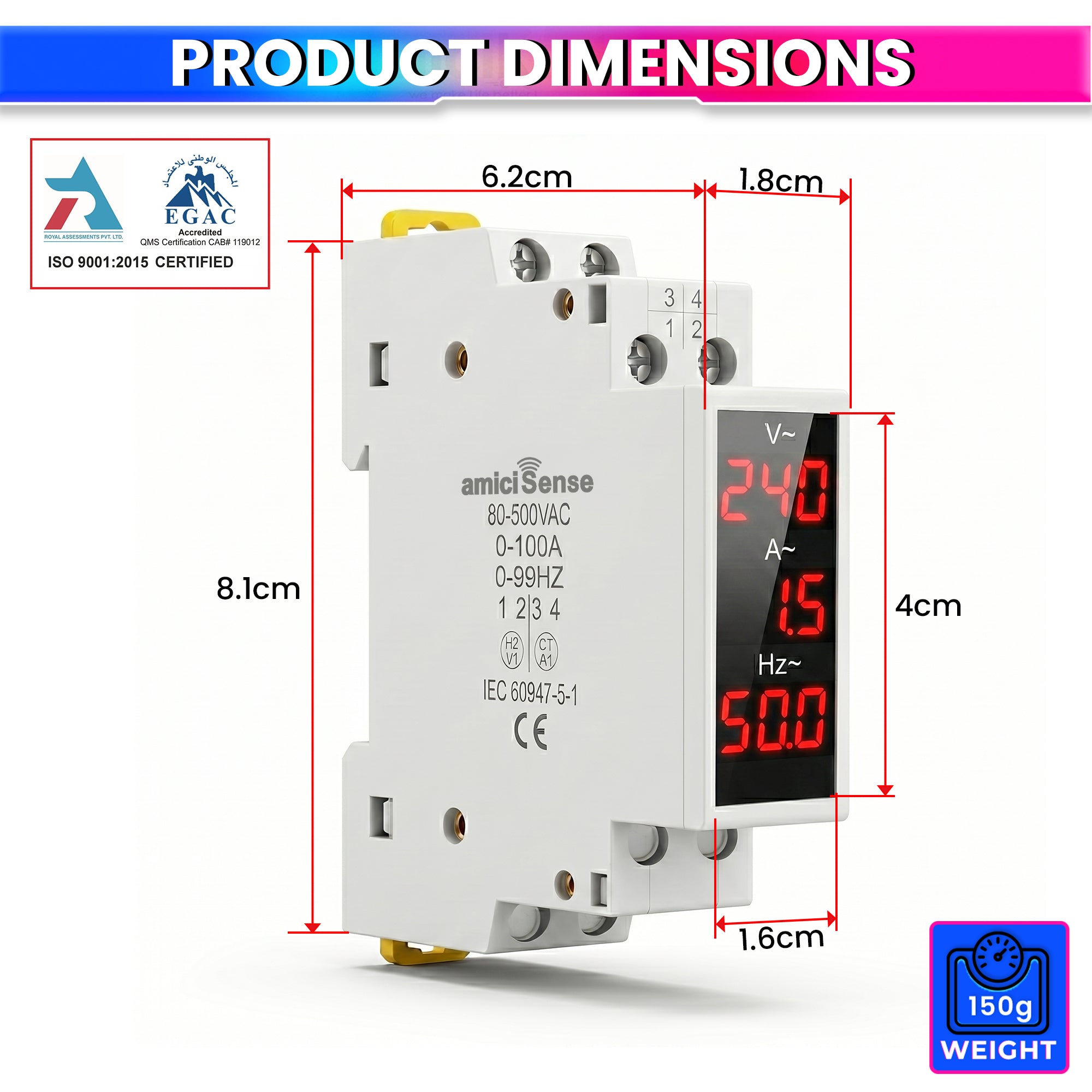 3-in-1 Voltage, Current & Frequency Meter 80- 500V AC, 100A with External CT & Clear LED Display