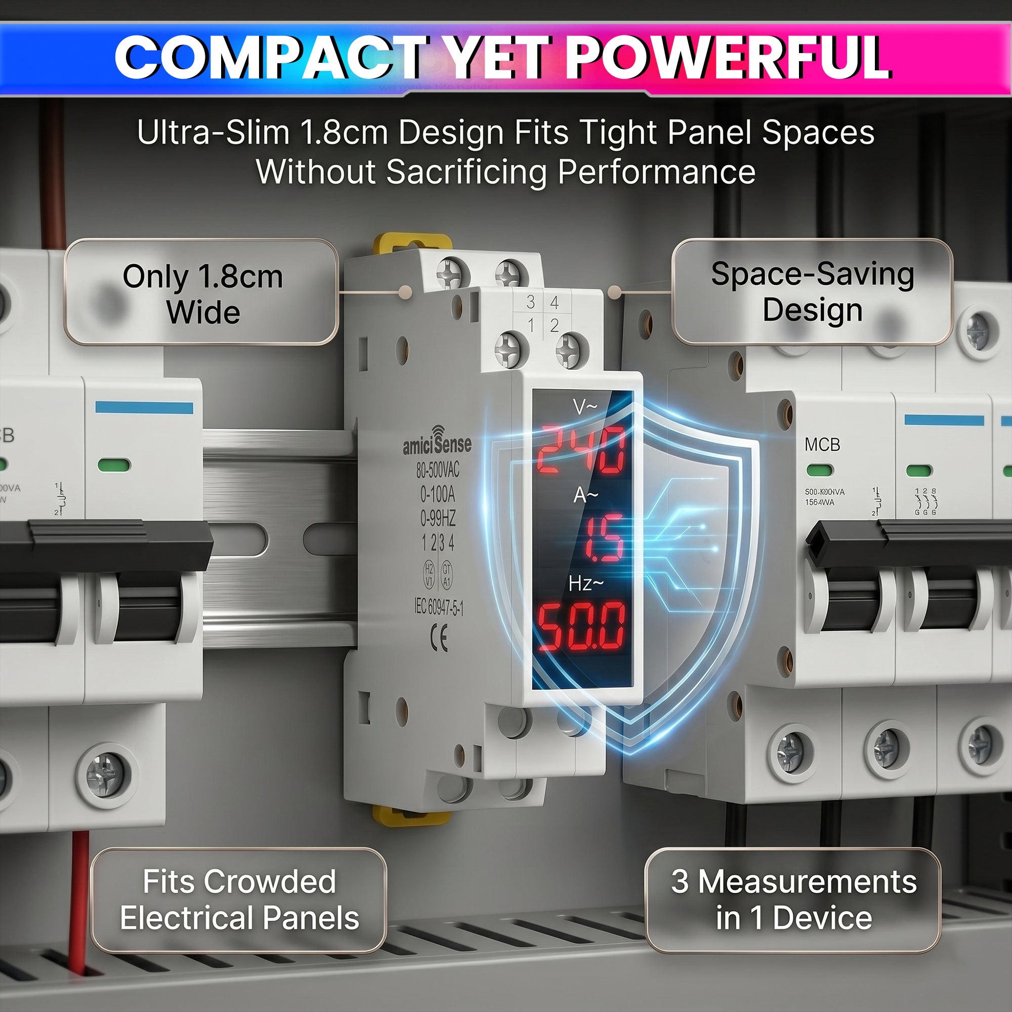 3-in-1 Voltage, Current & Frequency Meter 80- 500V AC, 100A with External CT & Clear LED Display