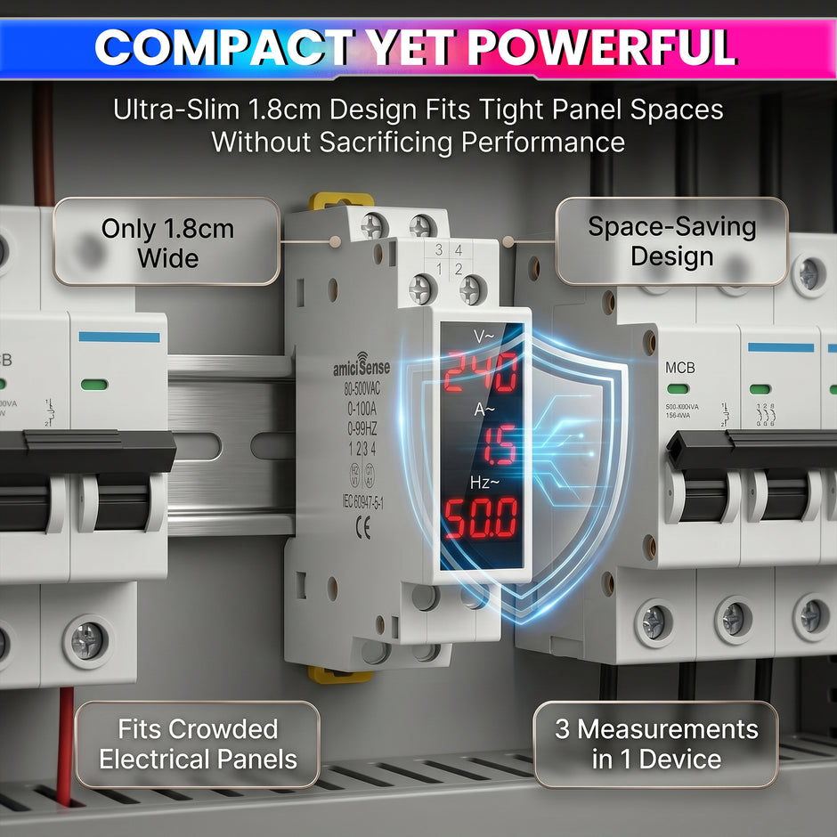 3-in-1 Voltage, Current & Frequency Meter 80- 500V AC, 100A with External CT & Clear LED Display