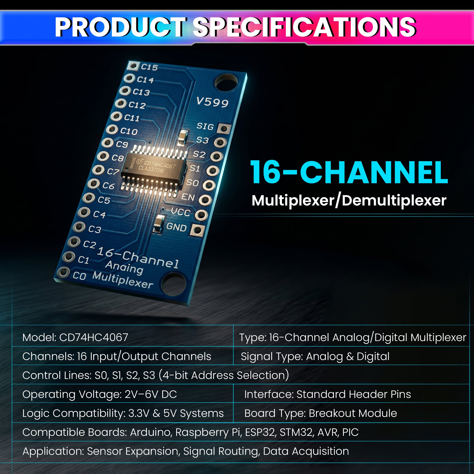CD74HC4067 16-Channel Signal Expansion Module Compatible with Arduino