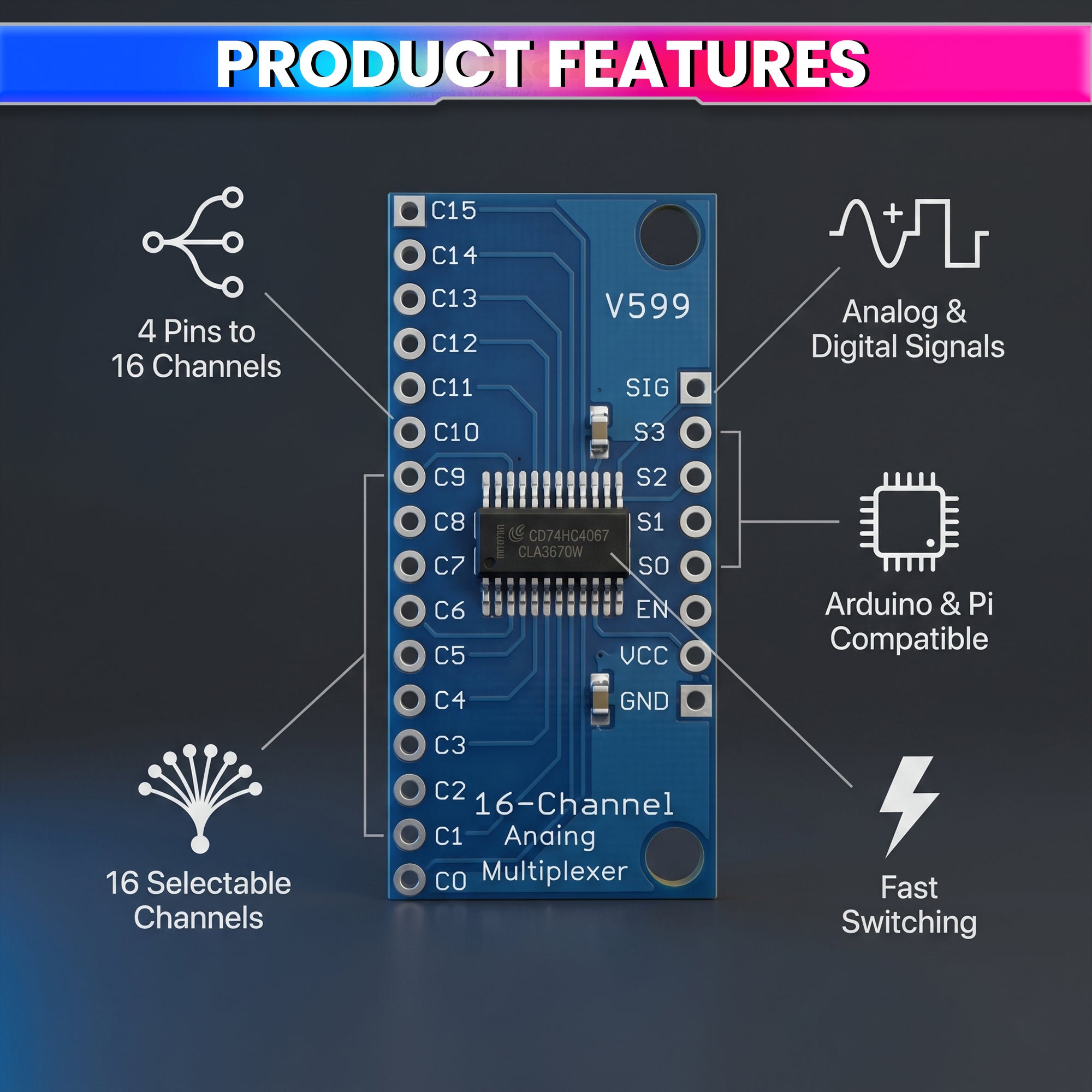 CD74HC4067 16-Channel Signal Expansion Module Compatible with Arduino