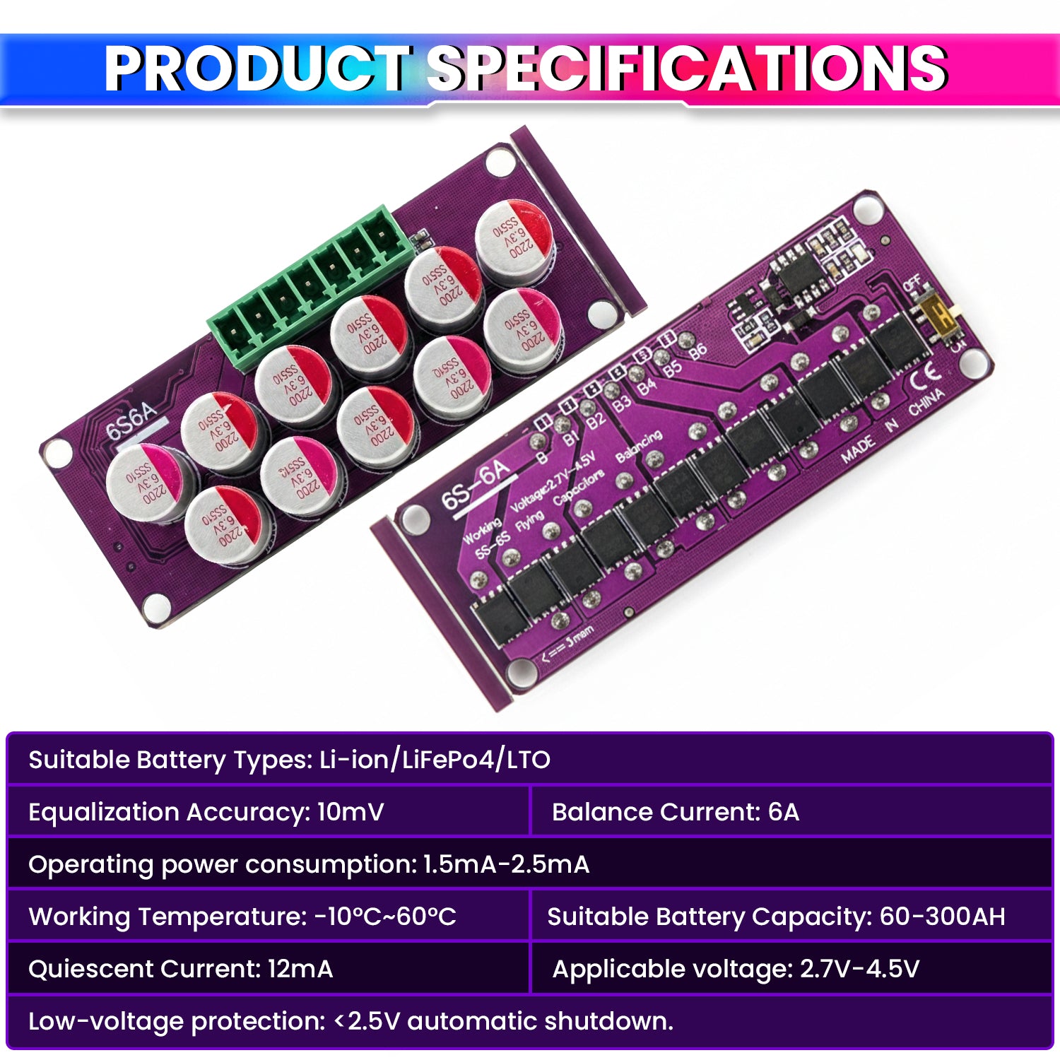 6S 6A Active Balancer Board for LiFePO4, Lithium, Li-ion & LTO Battery Packs Inductive Energy Equalization 2.7V–4.5V Cell Support 6A Voltage Balancing