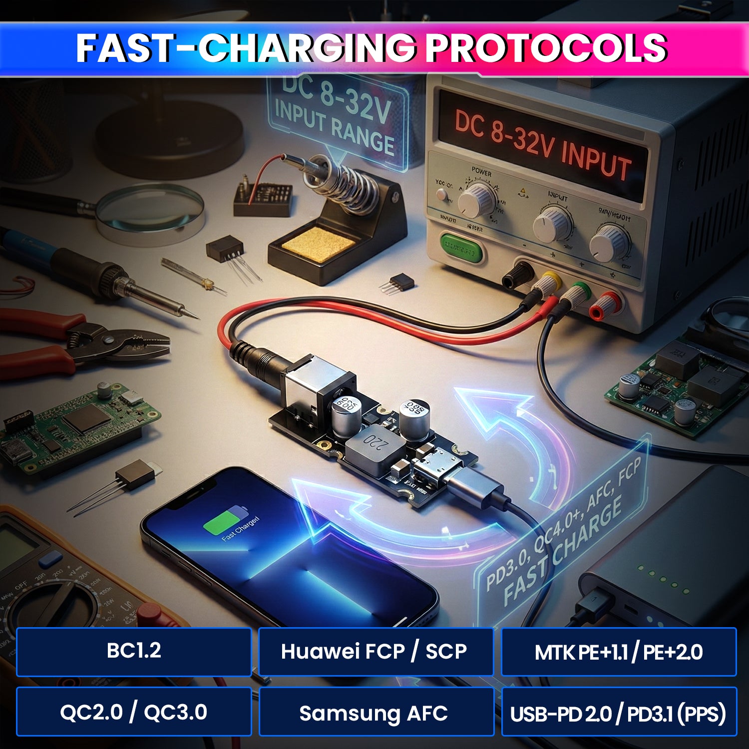 65W USB Fast Charger Module QC4.0 / QC3.0 & PD3.1 (PPS) | DC 8–30V Input DIY USB-C Charging Board