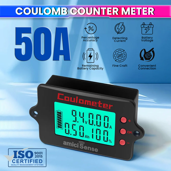 Coulomb Counter 8–120V Bi-Directional Battery Capacity Meter with Voltage, Current & Ah Display for Lithium & Lead-Acid Batteries