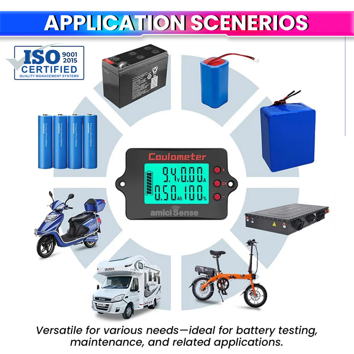 Coulomb Counter 8–120V Bi-Directional Battery Capacity Meter with Voltage, Current & Ah Display for Lithium & Lead-Acid Batteries