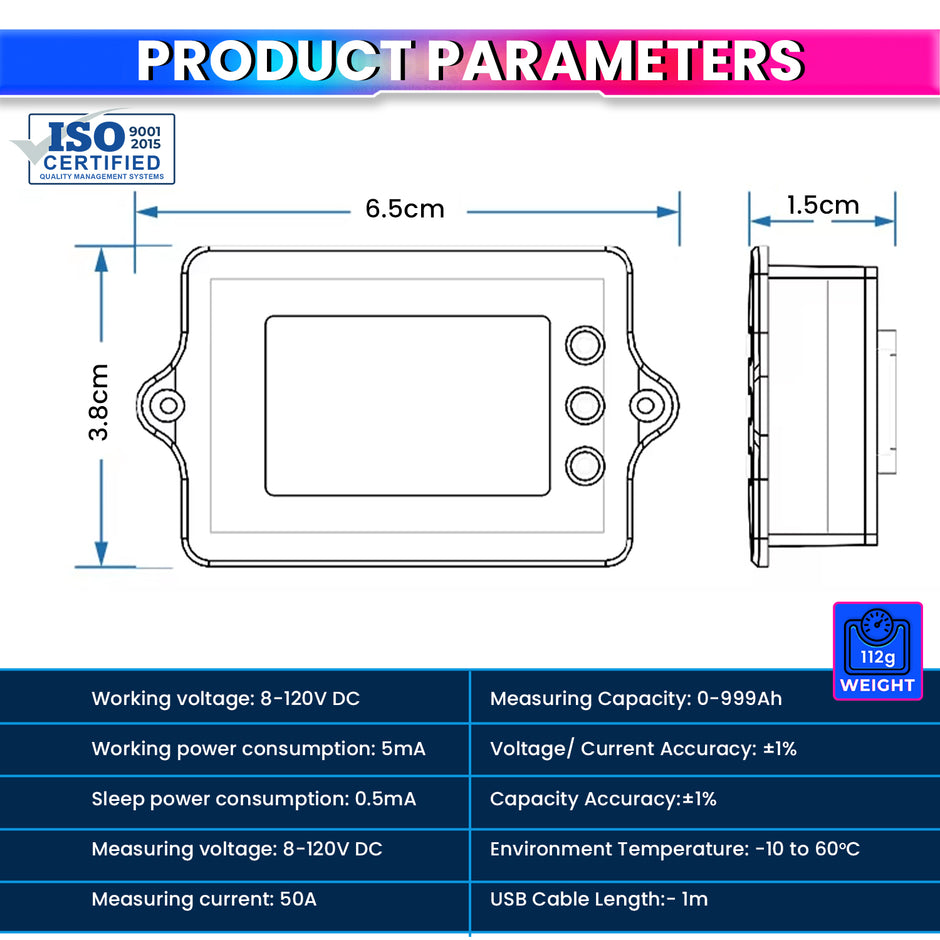 Coulomb Counter 8–120V – Bi-Directional Battery Meter For Lithium, Lead-Acid with Ah/Volt Display
