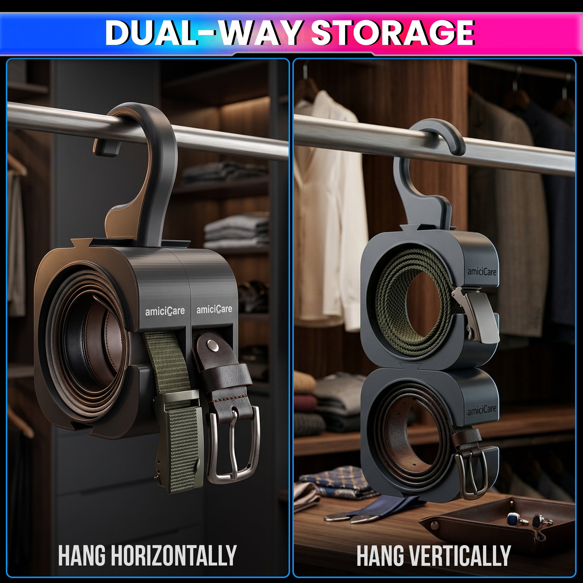 Belt Holder for Wardrobe, Hanging Belt Organizer Holds Up to 2 Pairs of Belts