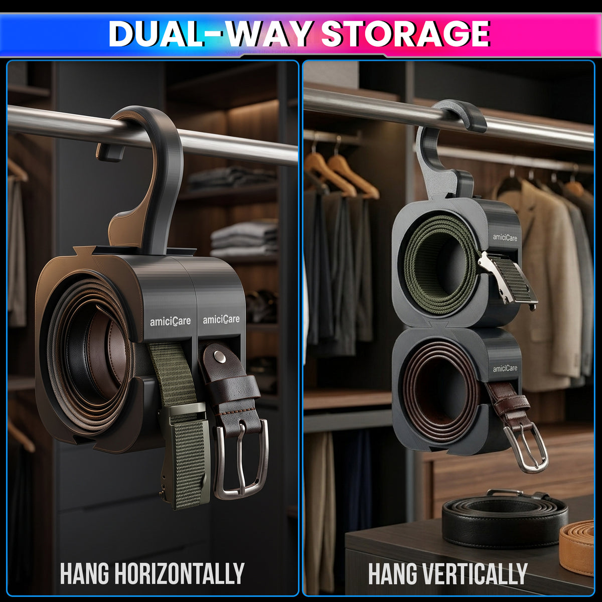 Belt Holder for Wardrobe, Hanging Belt Organizer Holds Up to 2 Belts