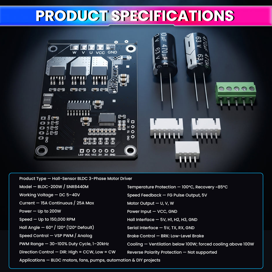 BLDC 200W 3-Phase Hall Sensor Motor Driver, 25A 5–40V DC, PWM/Analog Speed Control