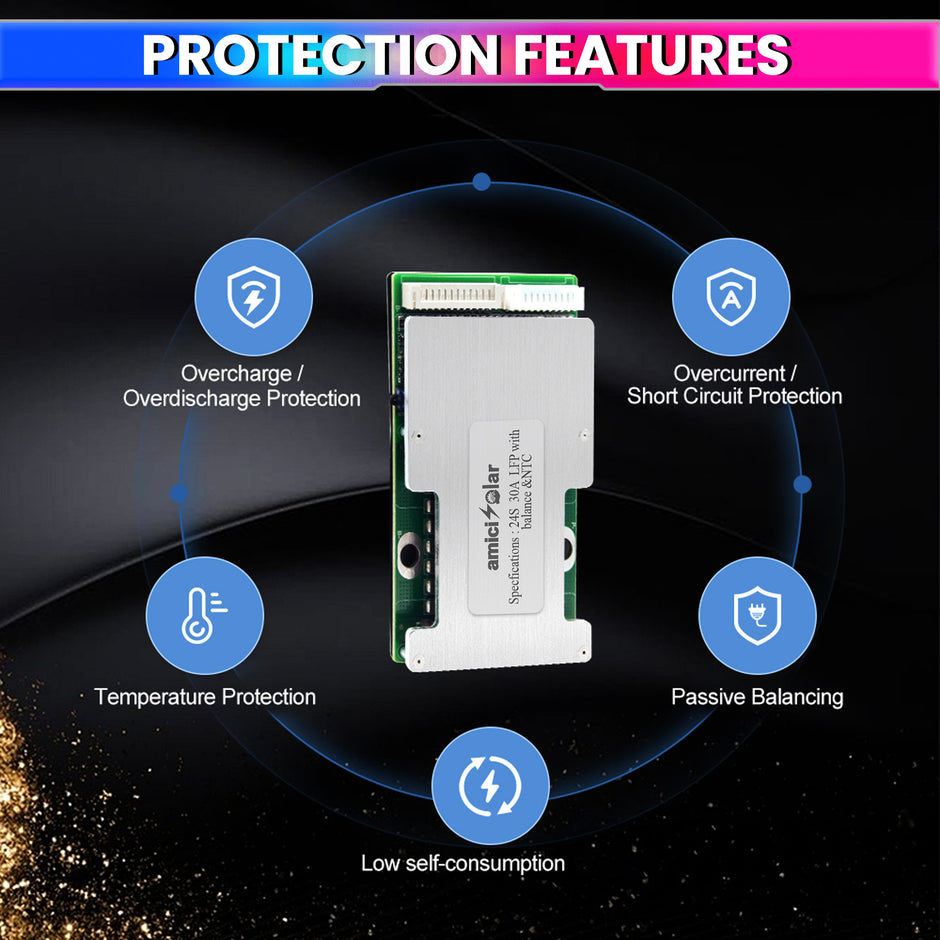6S–24S LiFePO4 BMS 30A Battery Protection Board for 24V–72V Battery Packs