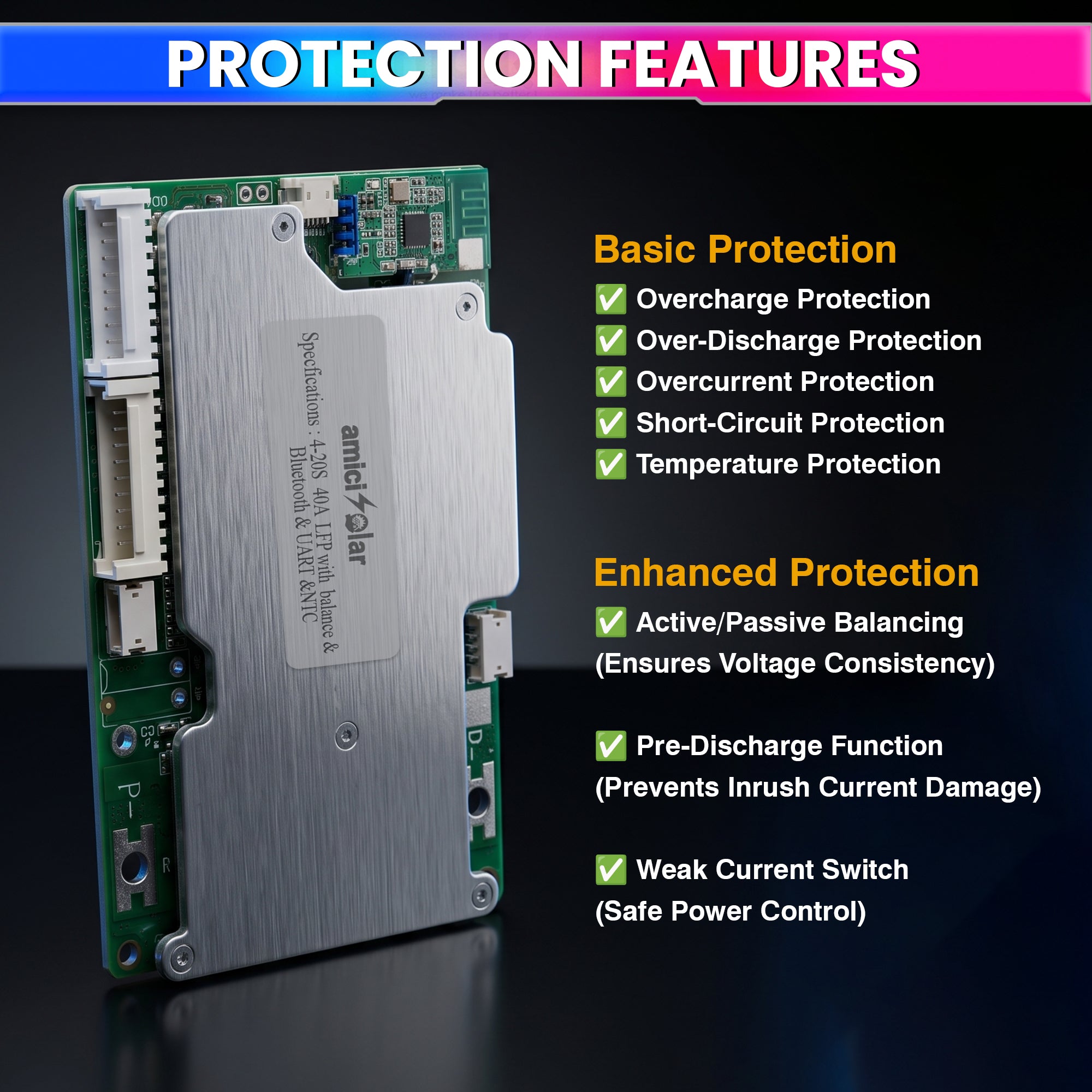 4S–20S 40A Smart BMS for LiFePO4 Battery Pack | Cell Balancing with NTC Protection