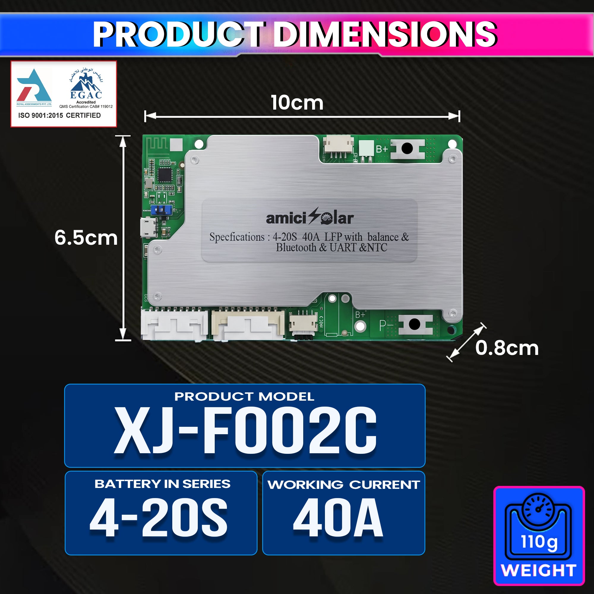 4S–20S 40A Smart BMS for LiFePO4 Battery Pack | Cell Balancing with NTC Protection