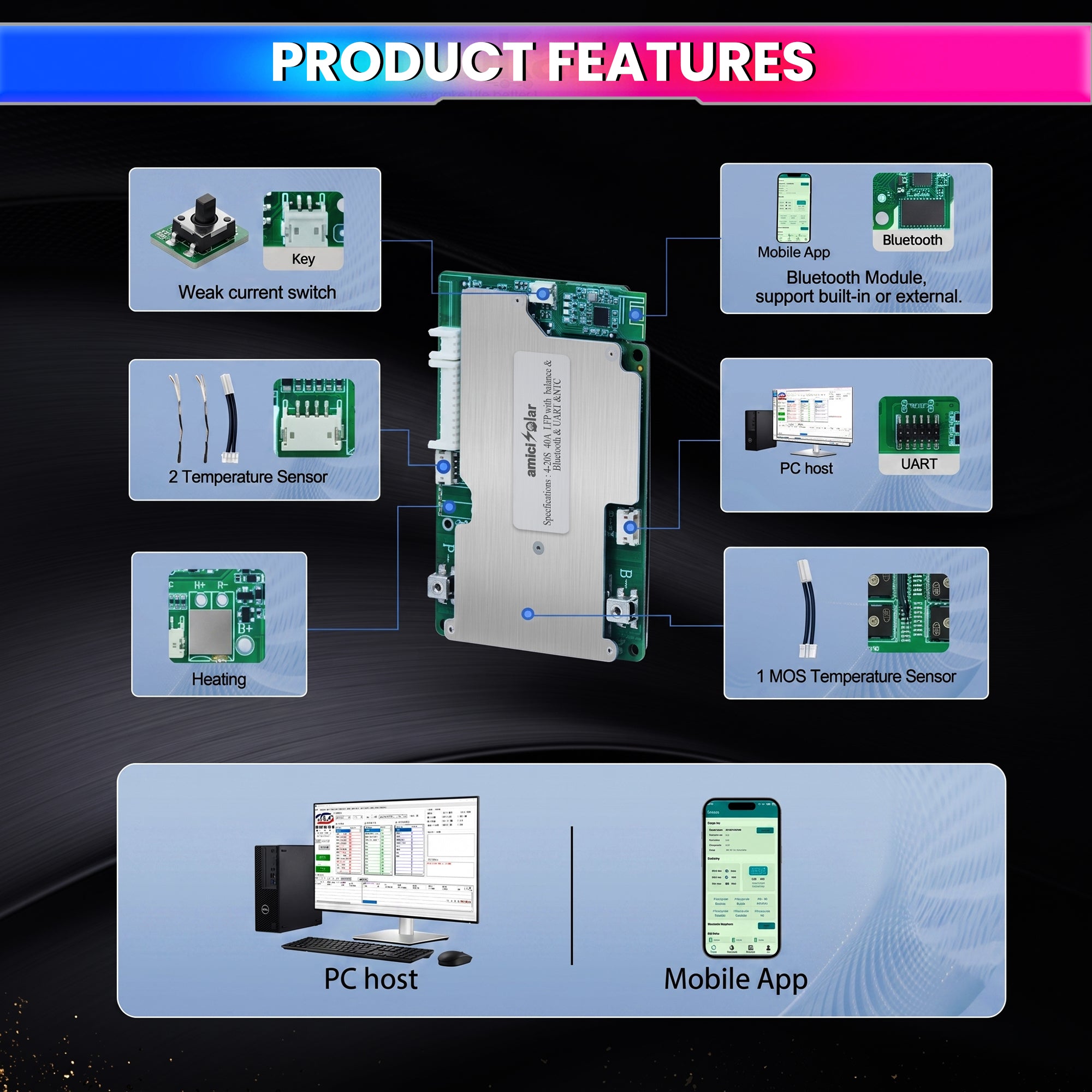 4S–20S 40A Smart BMS for LiFePO4 Battery Pack | Cell Balancing with NTC Protection