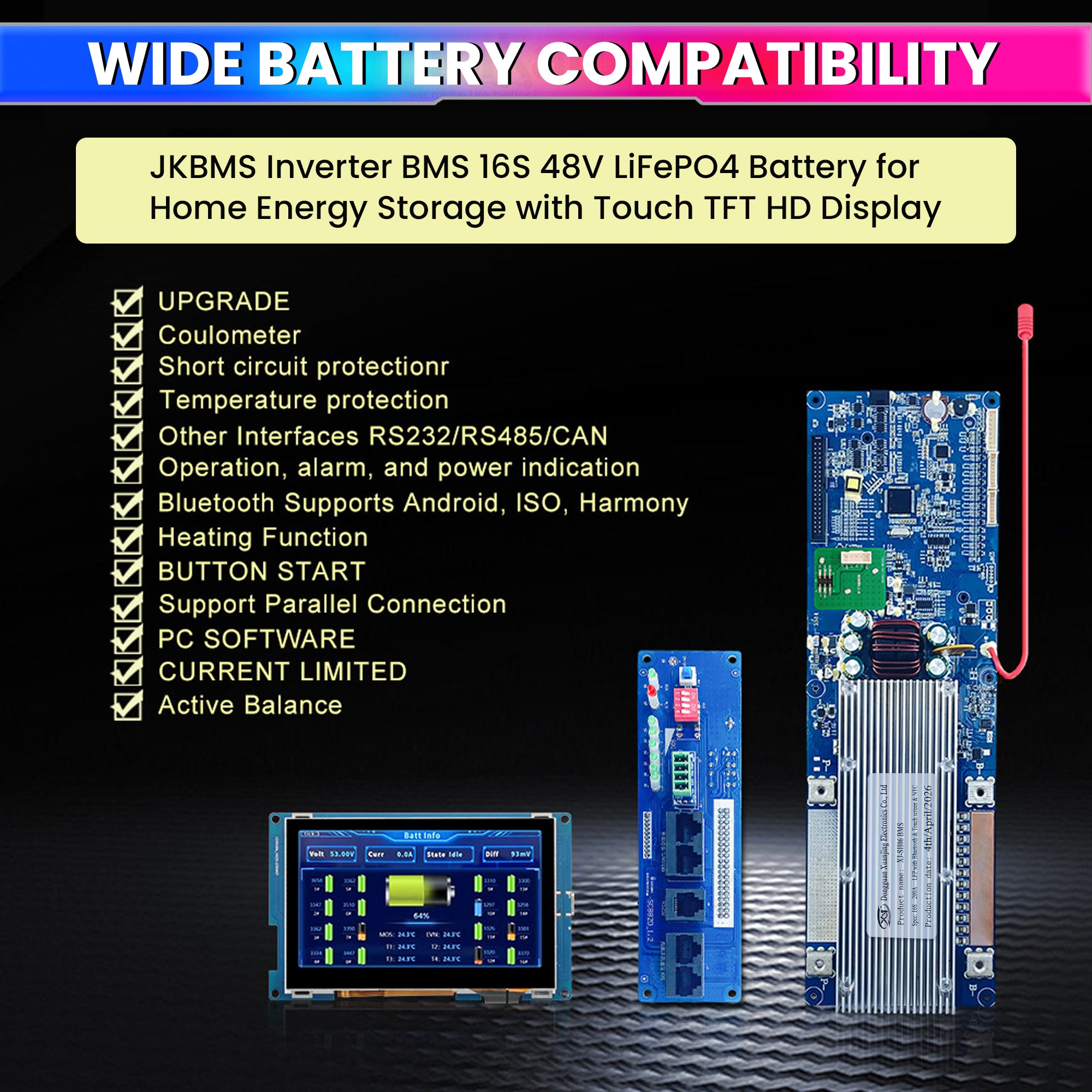 7S–16S 200A Smart BMS for LiFePO4 Battery Pack with HD TFT Display & Bluetooth App