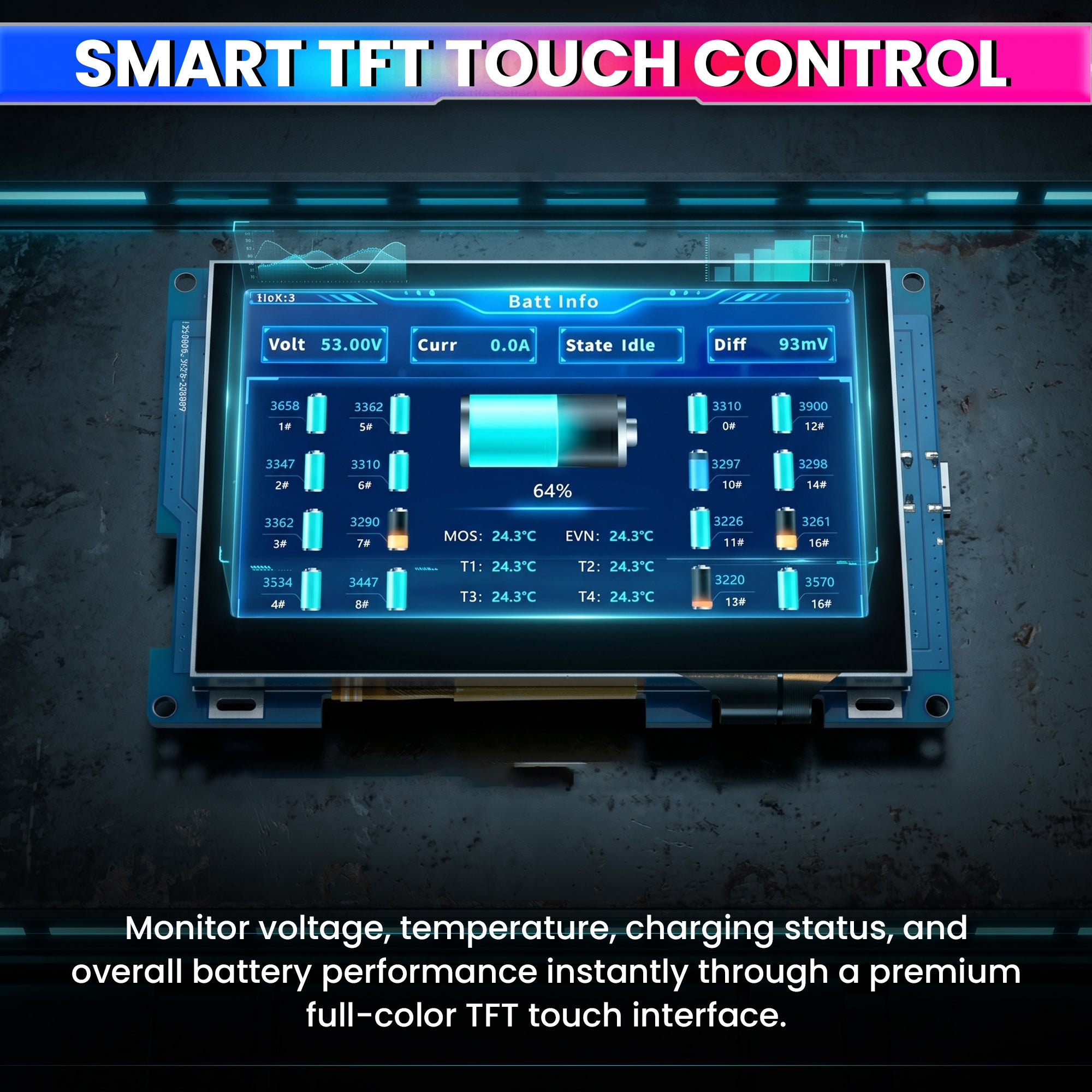 7S–16S 200A Smart BMS for LiFePO4 Battery Pack with HD TFT Display & Bluetooth App