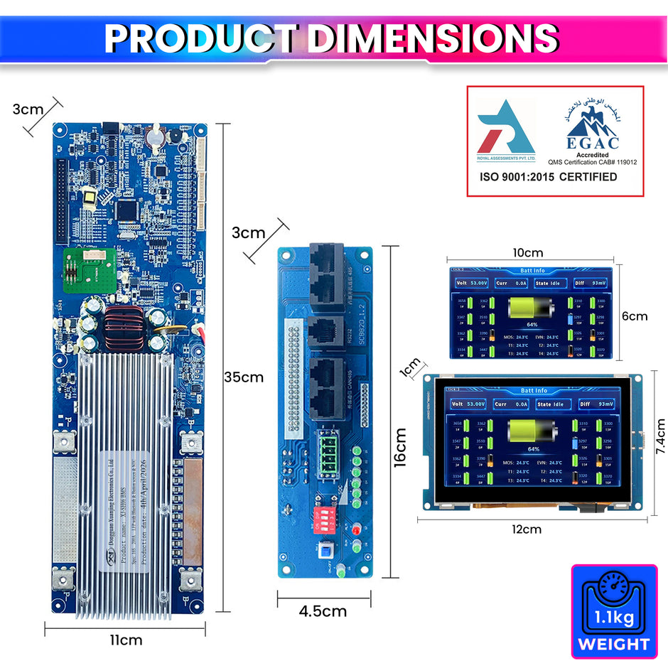 7S–16S 200A Smart BMS for LiFePO4 Battery Pack with HD TFT Display & Bluetooth App