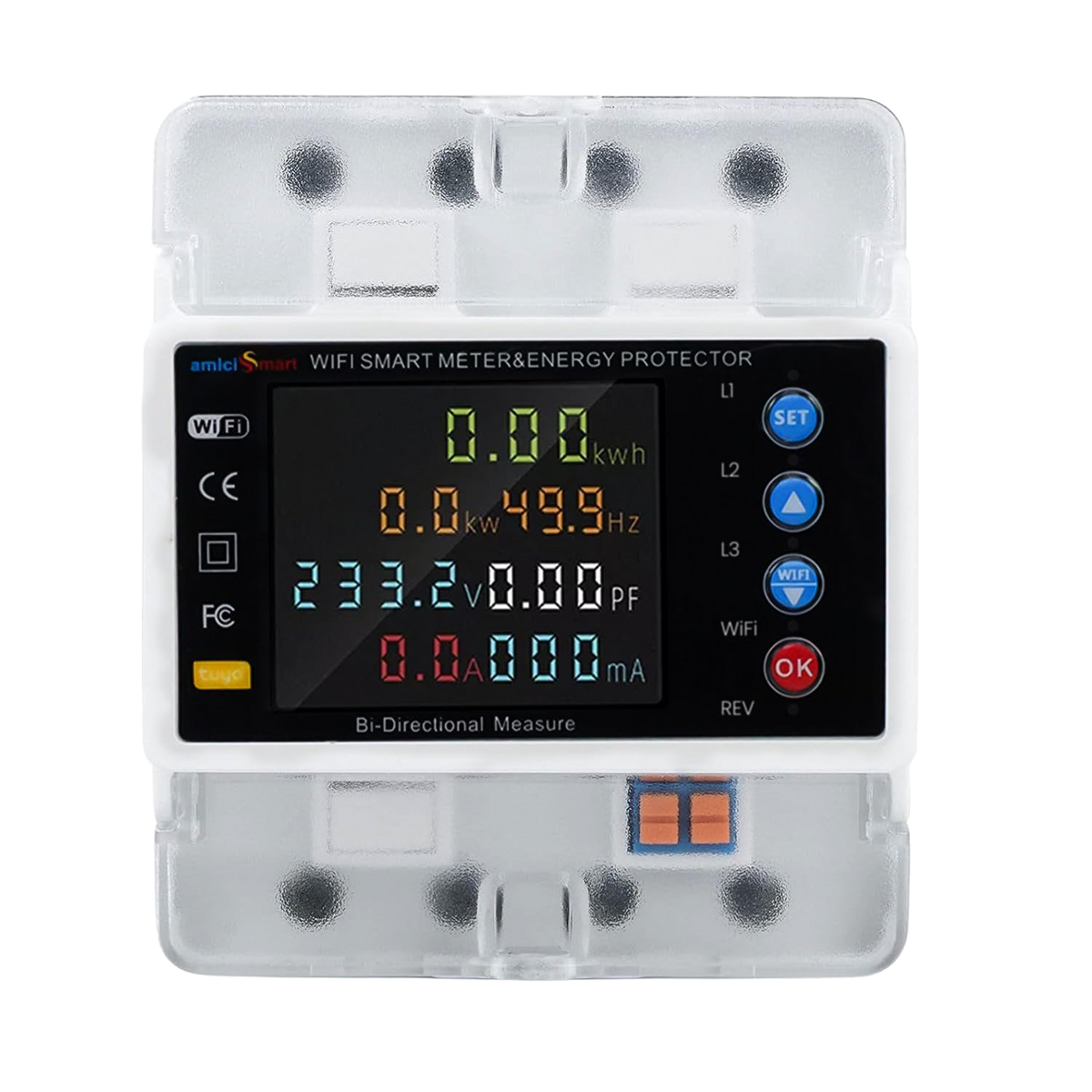 amiciSmart three-phase WiFi bi-directional energy meter, front view