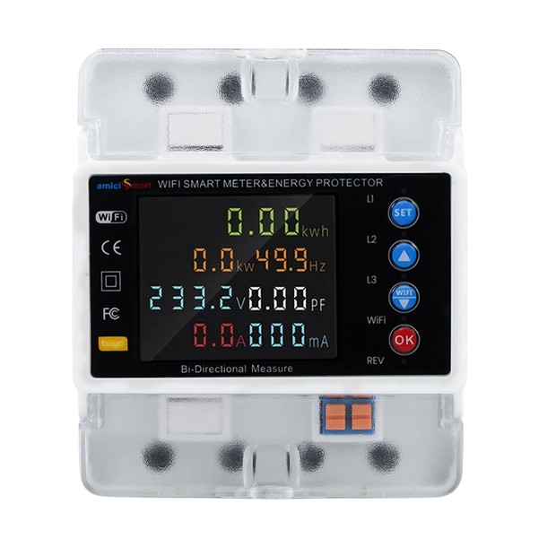 amiciSmart three-phase WiFi bi-directional energy meter, front view