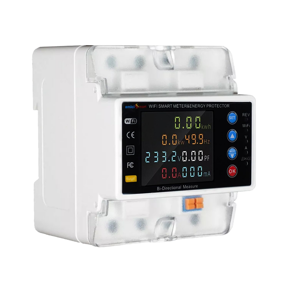amiciSmart three-phase WiFi bi-directional energy meter, angled view