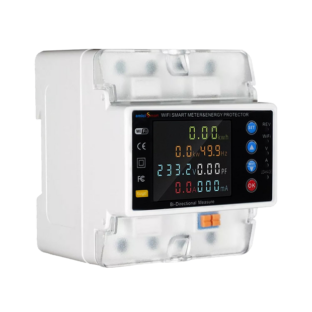 amiciSmart three-phase WiFi bi-directional energy meter, angled view