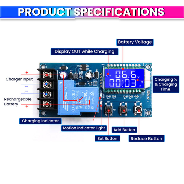 Battery Charge Control Module with LCD Display DC 6~60V Automatic Charging Control with Overcharge Protection (30A)