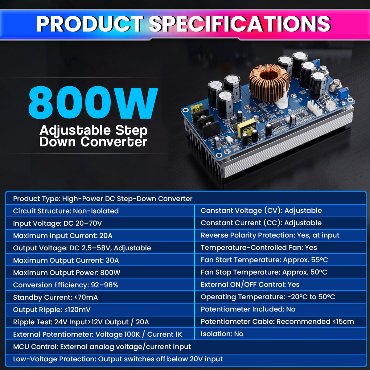 800W DC Buck Converter 20–70V to 2.5–58V 30A Output | Adjustable High-Power Step-Down Module