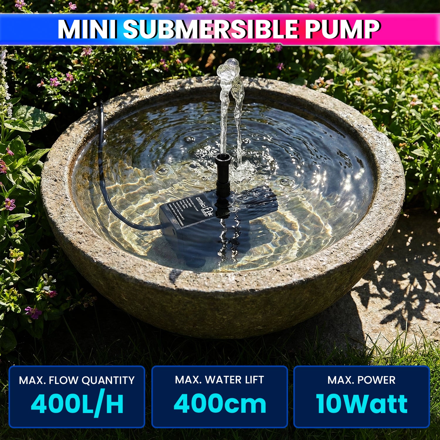 Mini Submersible Pump 10W, 12V DC Brushless, BLDC Motor with LED Adjustable Flow Control Ultra-Quiet Design
