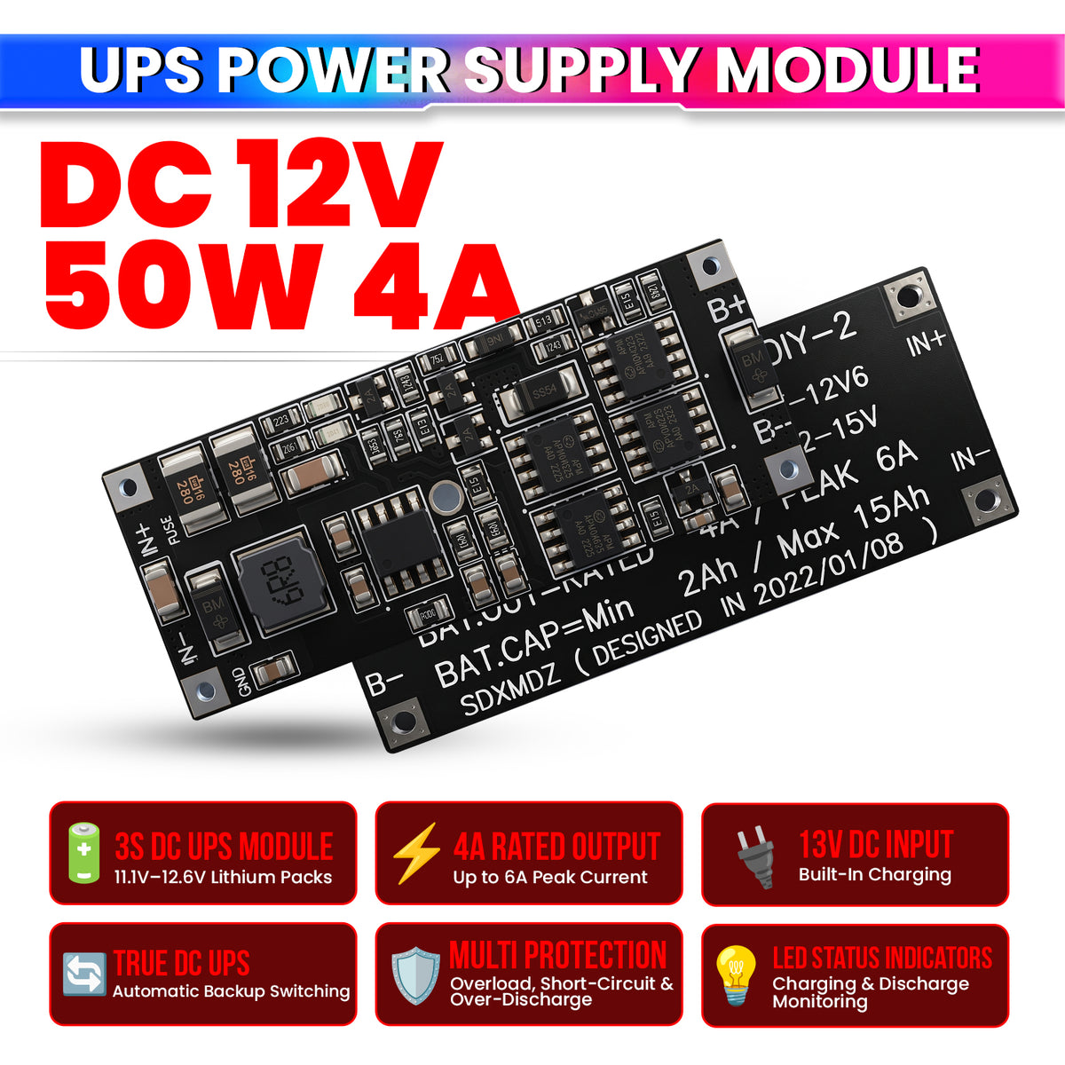 3S DC UPS Module 12V 4A, 50W Output, Battery Charging & Protection