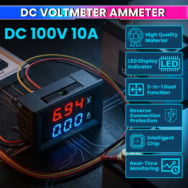 DC 100V 10A Voltmeter Ammeter, Dual Color Voltage Current Tester with LED Display