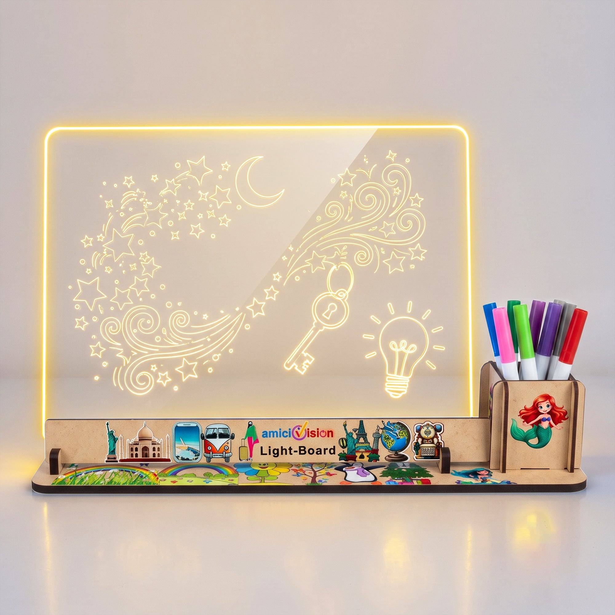 amiciVision LED Acrylic Writing Message Board 23x30cm with Wooden LED Base