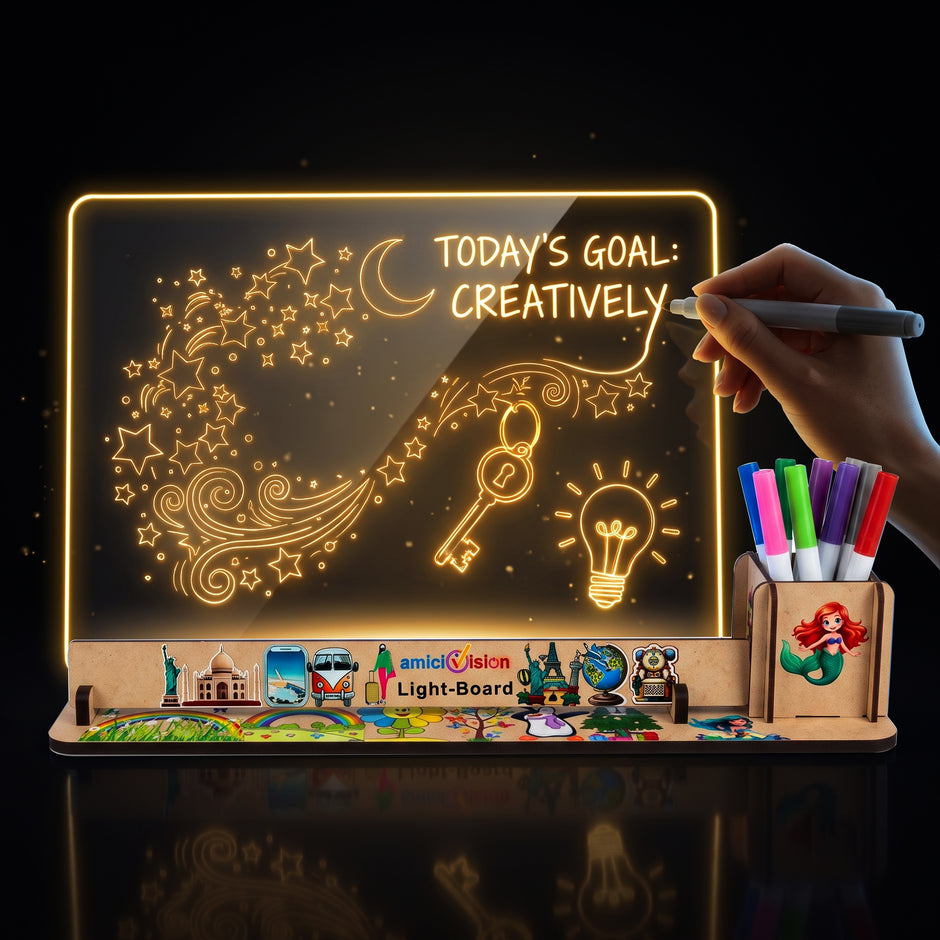 amiciVision LED Acrylic Writing Message Board 23x30cm with Wooden LED Base