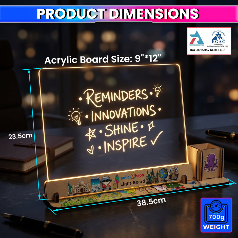 amiciVision LED Acrylic Writing Message Board 23x30cm with Wooden LED Base