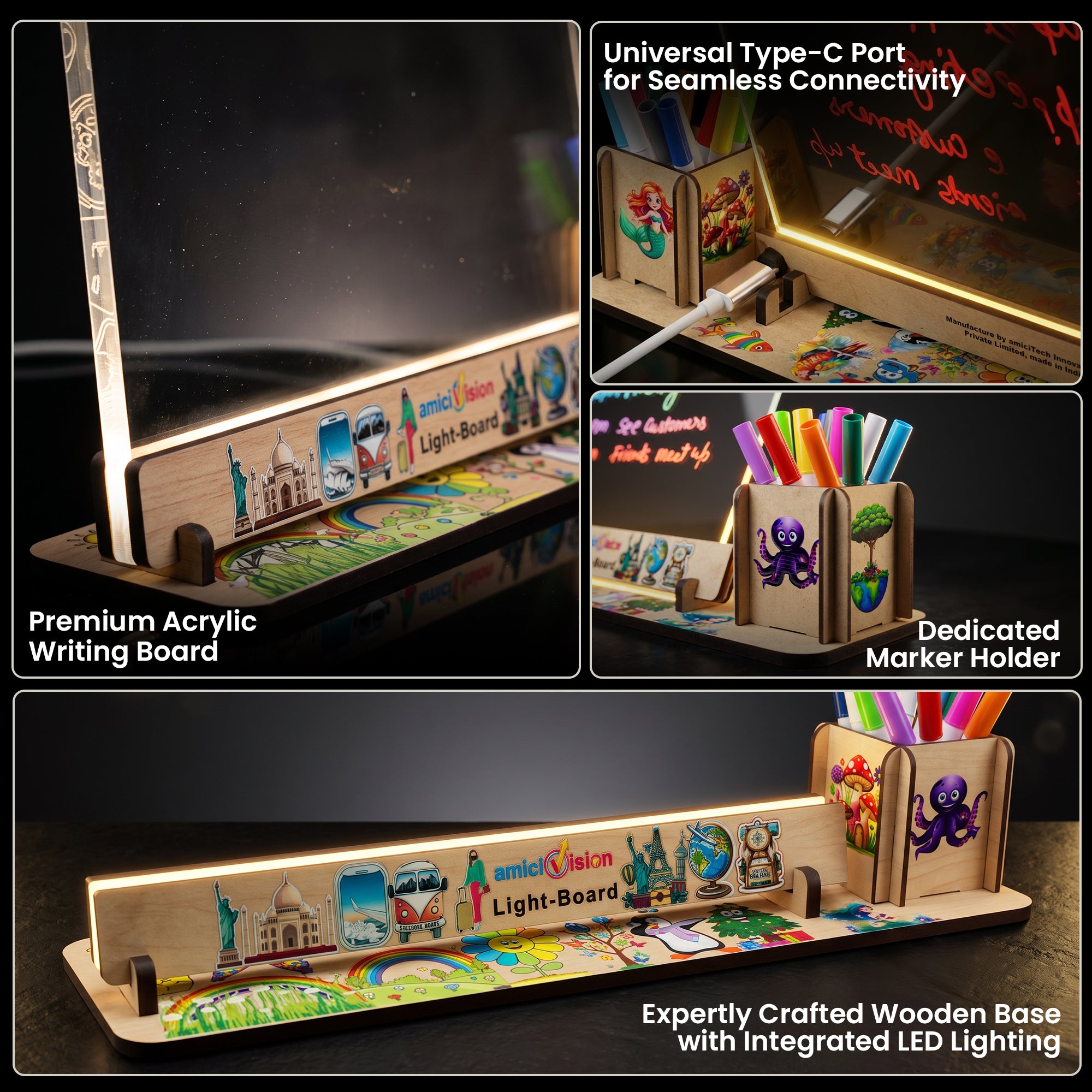 amiciVision LED Acrylic Writing Message Board 23x30cm with Wooden LED Base