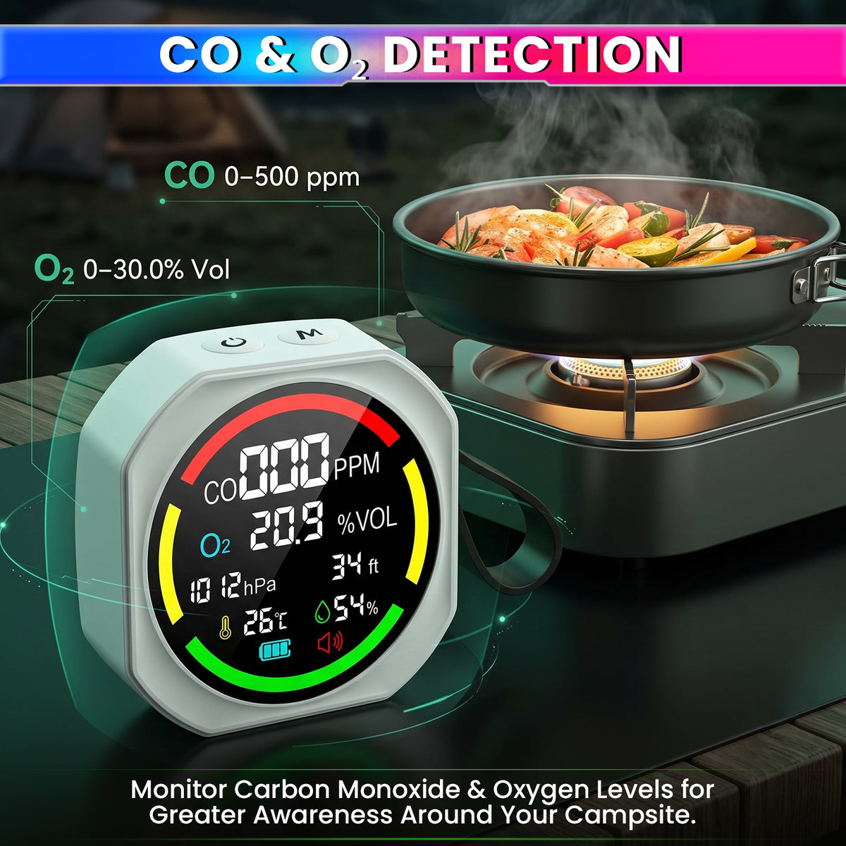 6-in-1 Air Quality Monitor with CO & O₂ Detector for Home & Outdoor Use