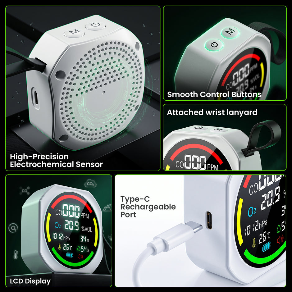 6-in-1 Air Quality Monitor with CO & O₂ Detector for Home & Outdoor Use