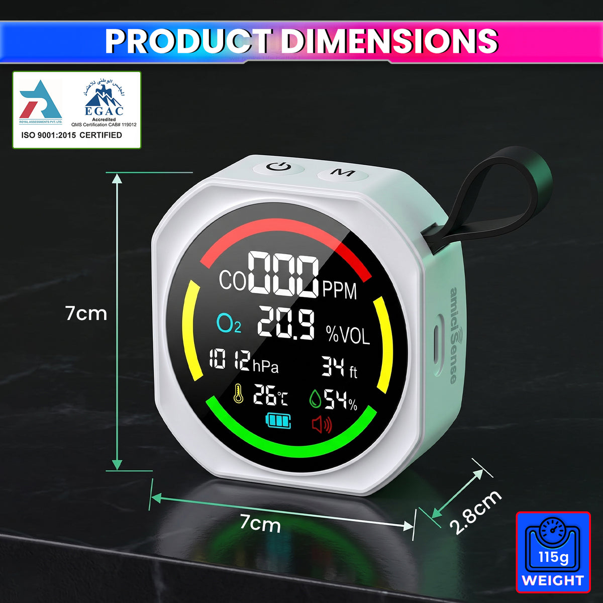 6-in-1 Air Quality Monitor with CO & O₂ Detector for Home & Outdoor Use