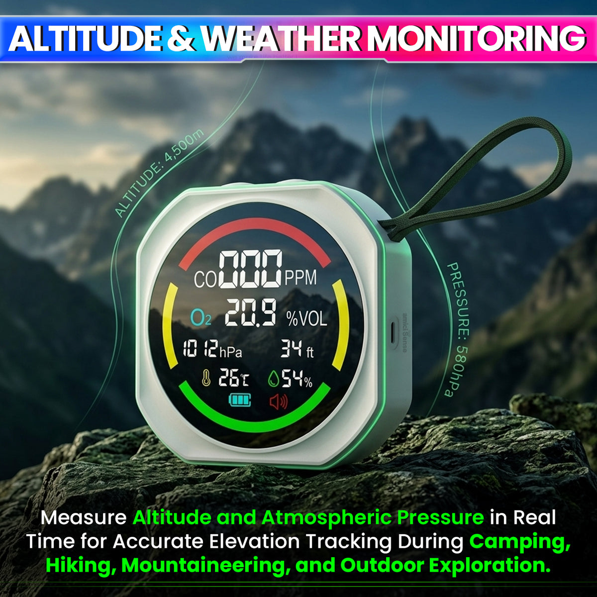 6-in-1 Air Quality Monitor with CO & O₂ Detector for Home & Outdoor Use