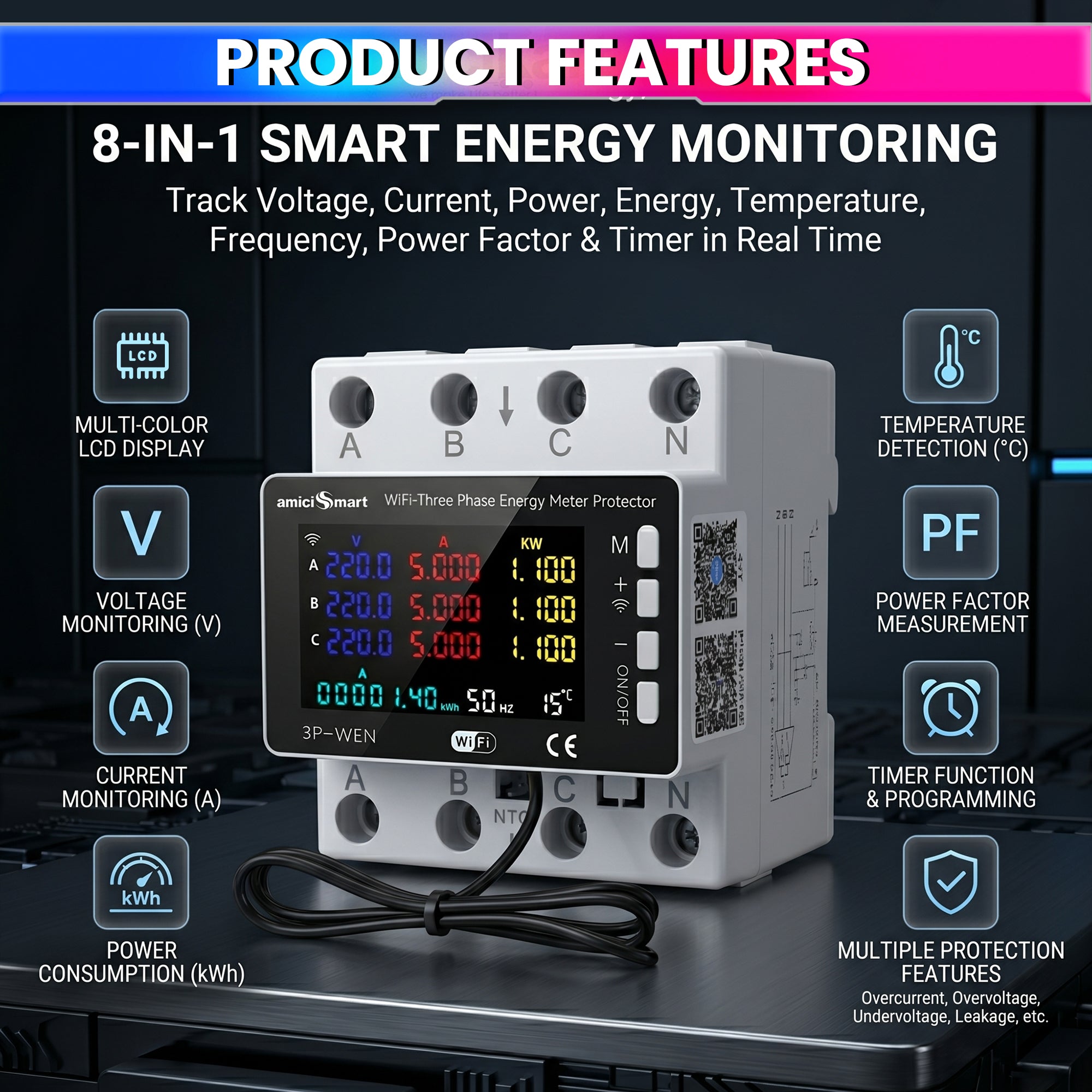 WiFi Smart Energy Meter 80A with LCD Display, App Control Over/Under Voltage Protection