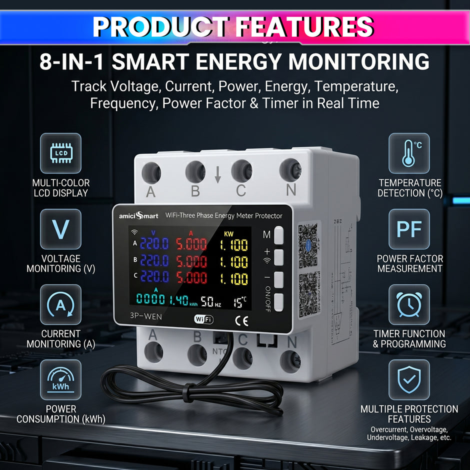 WiFi Smart Energy Meter 80A with LCD Display, App Control Over/Under Voltage Protection