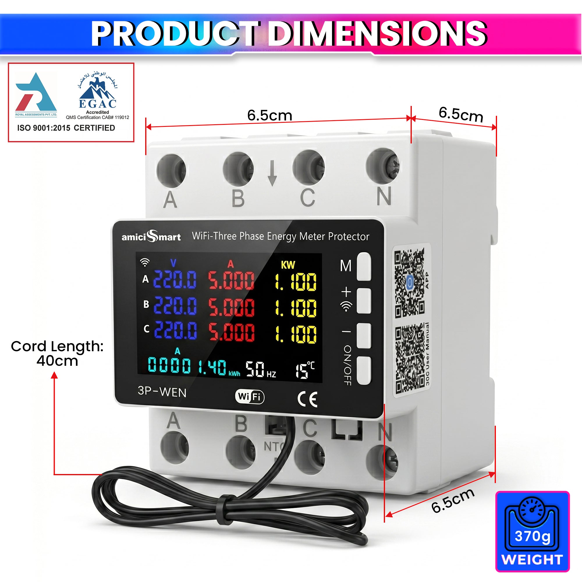 WiFi Smart Energy Meter 80A with LCD Display, App Control Over/Under Voltage Protection