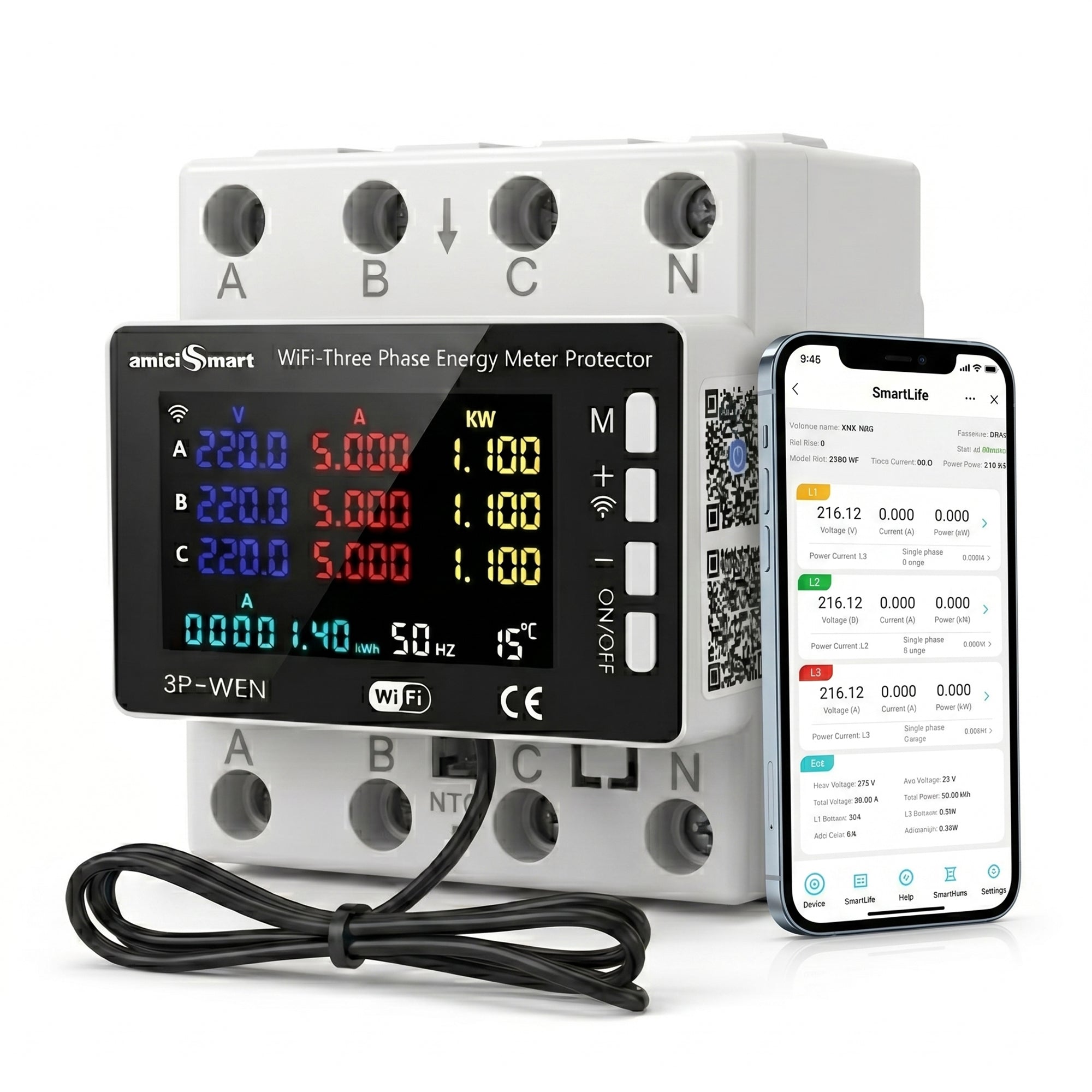 WiFi Smart Energy Meter 80A with LCD Display, App Control Over/Under Voltage Protection