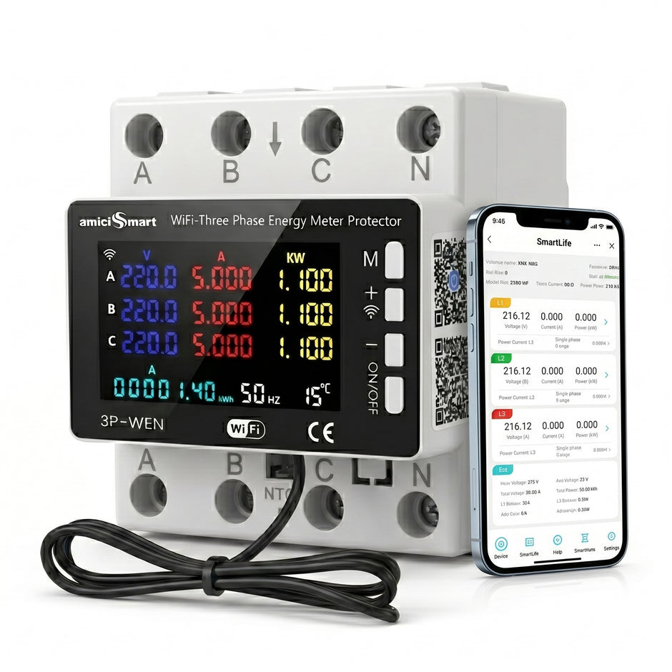 WiFi Smart Energy Meter 80A with LCD Display, App Control Over/Under Voltage Protection