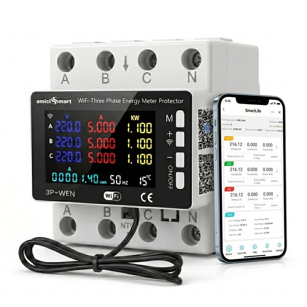 WiFi Smart Energy Meter 80A with LCD Display, App Control Over/Under Voltage Protection